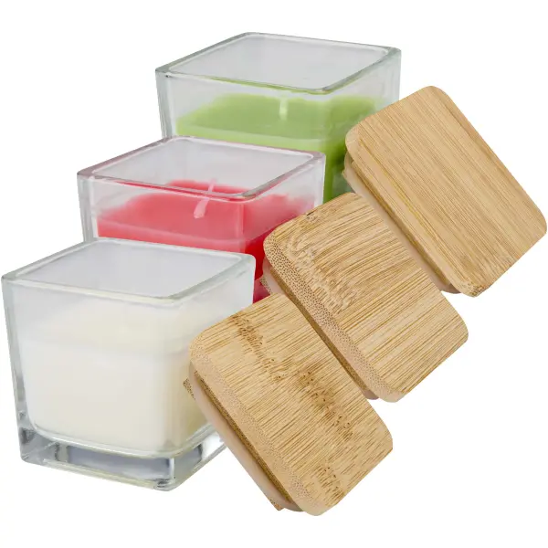 Candela quadrata in vetro AMBRA 40 g, con coperchio in bambù - Immagine 2
