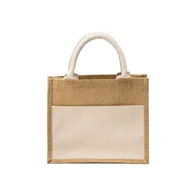 Mini borsa in juta con tasca e manici in cotone - Immagine 2
