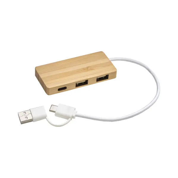 Hub USB in bambù con 2 porte USB A e C cavo integrato - Immagine 3
