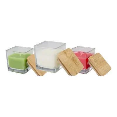 Candela quadrata in vetro AMBRA 40 g, con coperchio in bambù